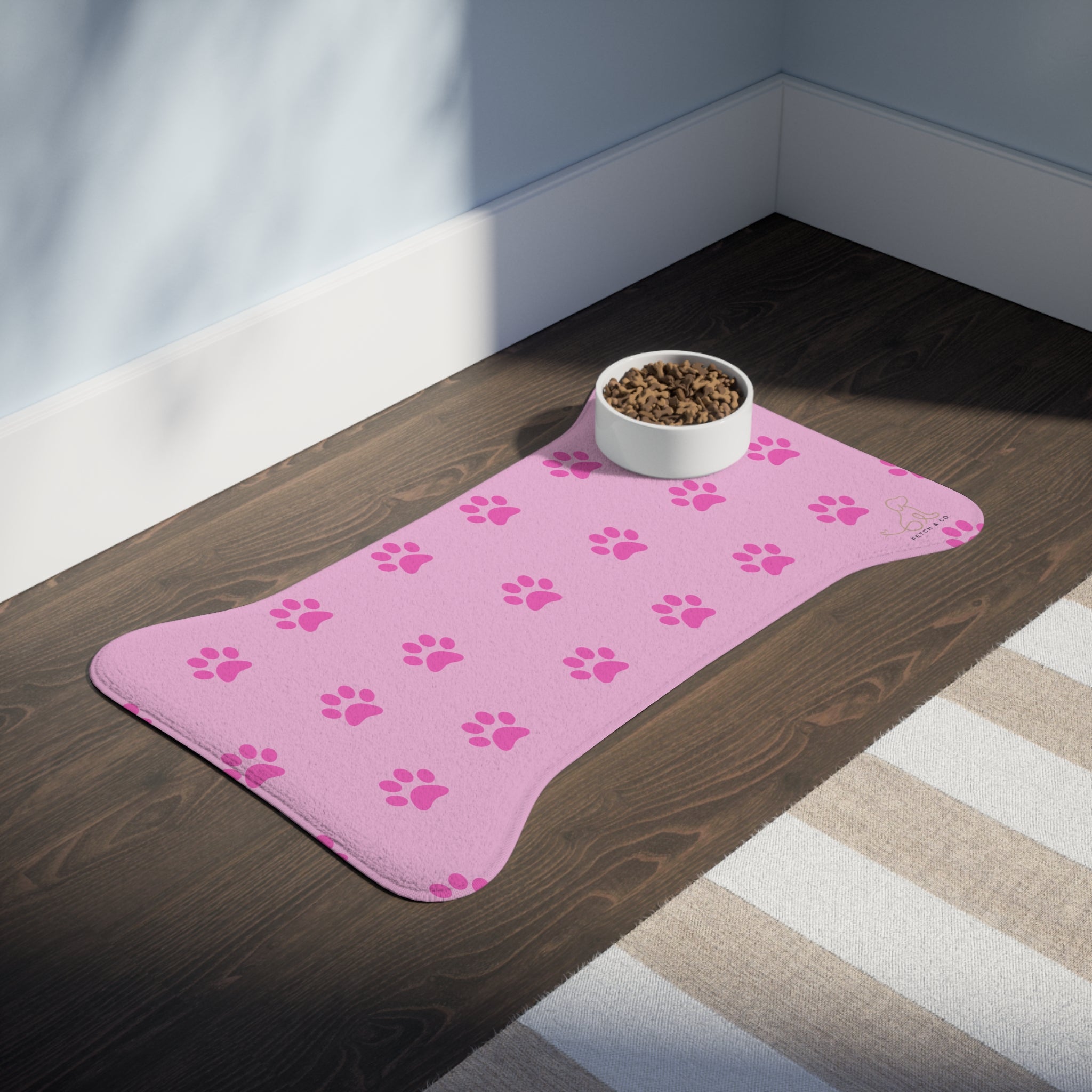 Pink Bone Paw Print Pet Feeding Mat