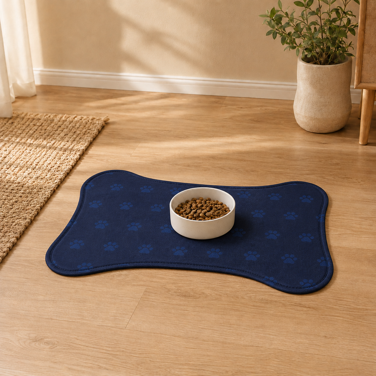 Blue Bone-Shaped Paw Print Pet Feeding Mat