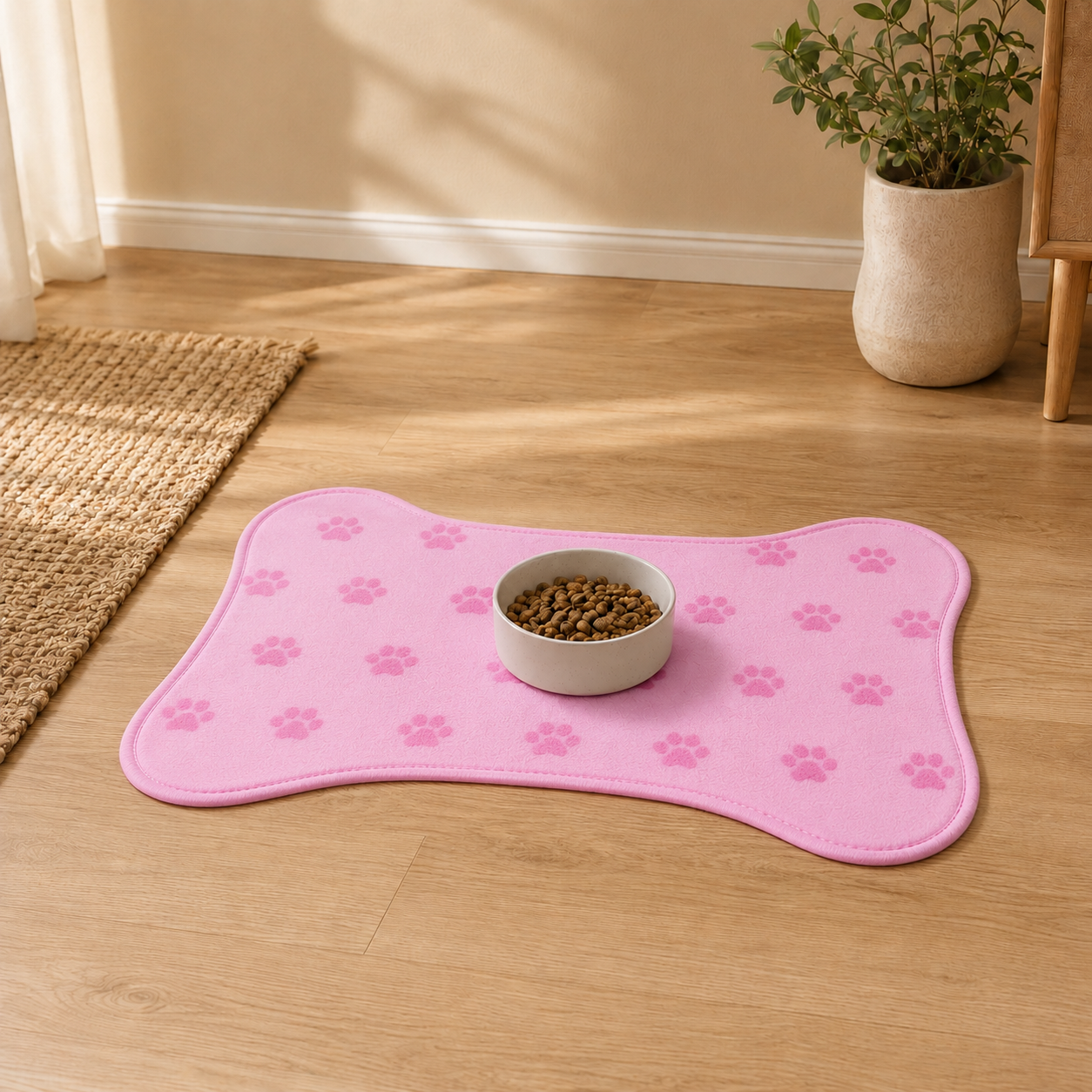 Pink Bone-Shaped Paw Print Pet Feeding Mat
