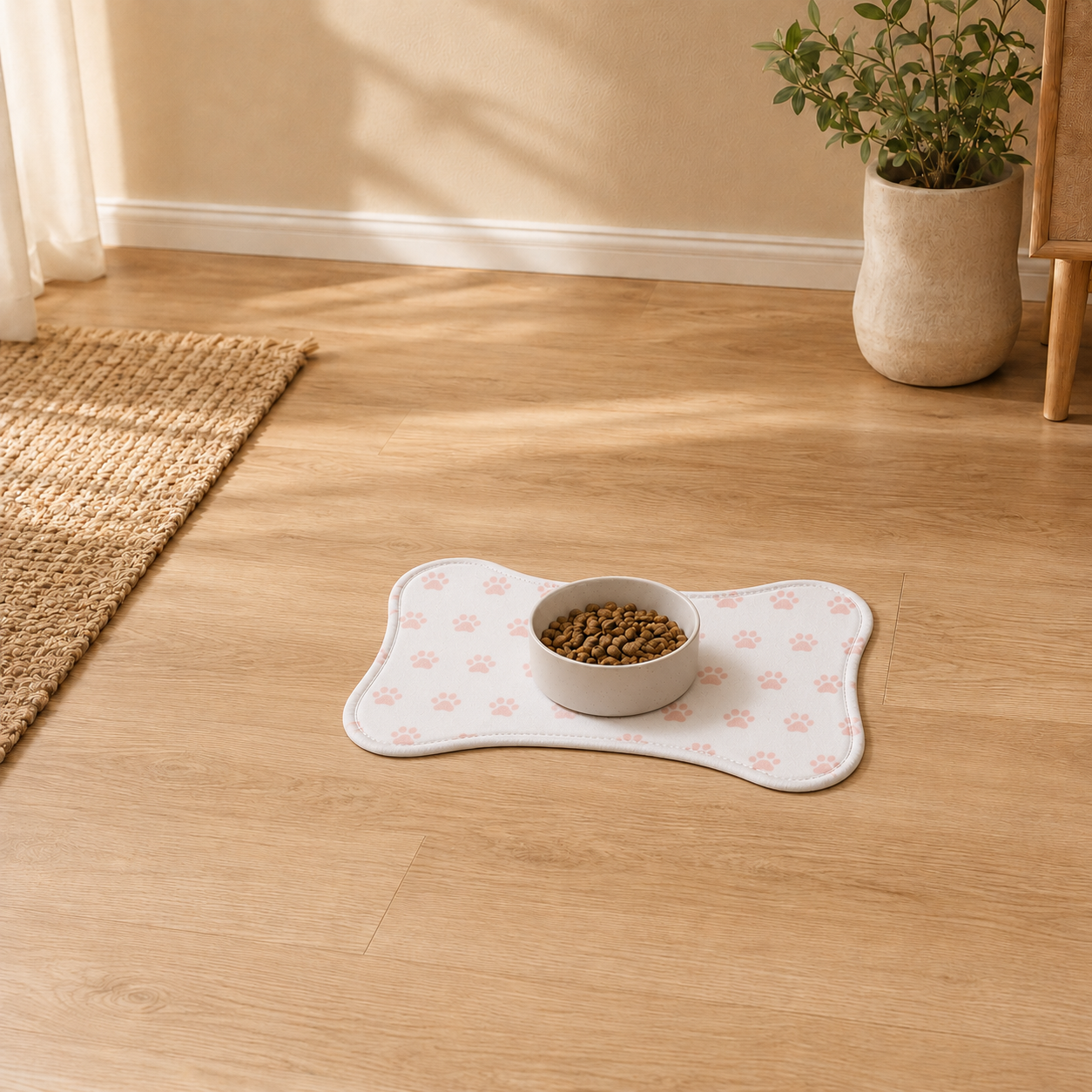 White Bone-Shaped Paw Print Pet Feeding Mat