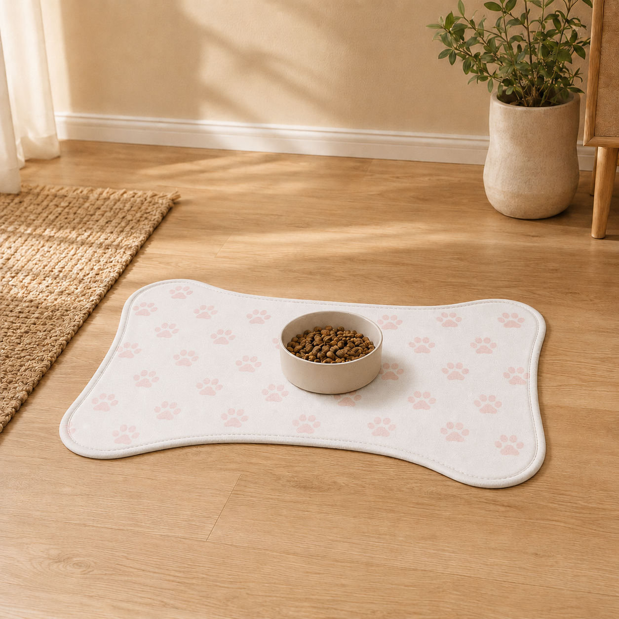 White Bone-Shaped Paw Print Pet Feeding Mat