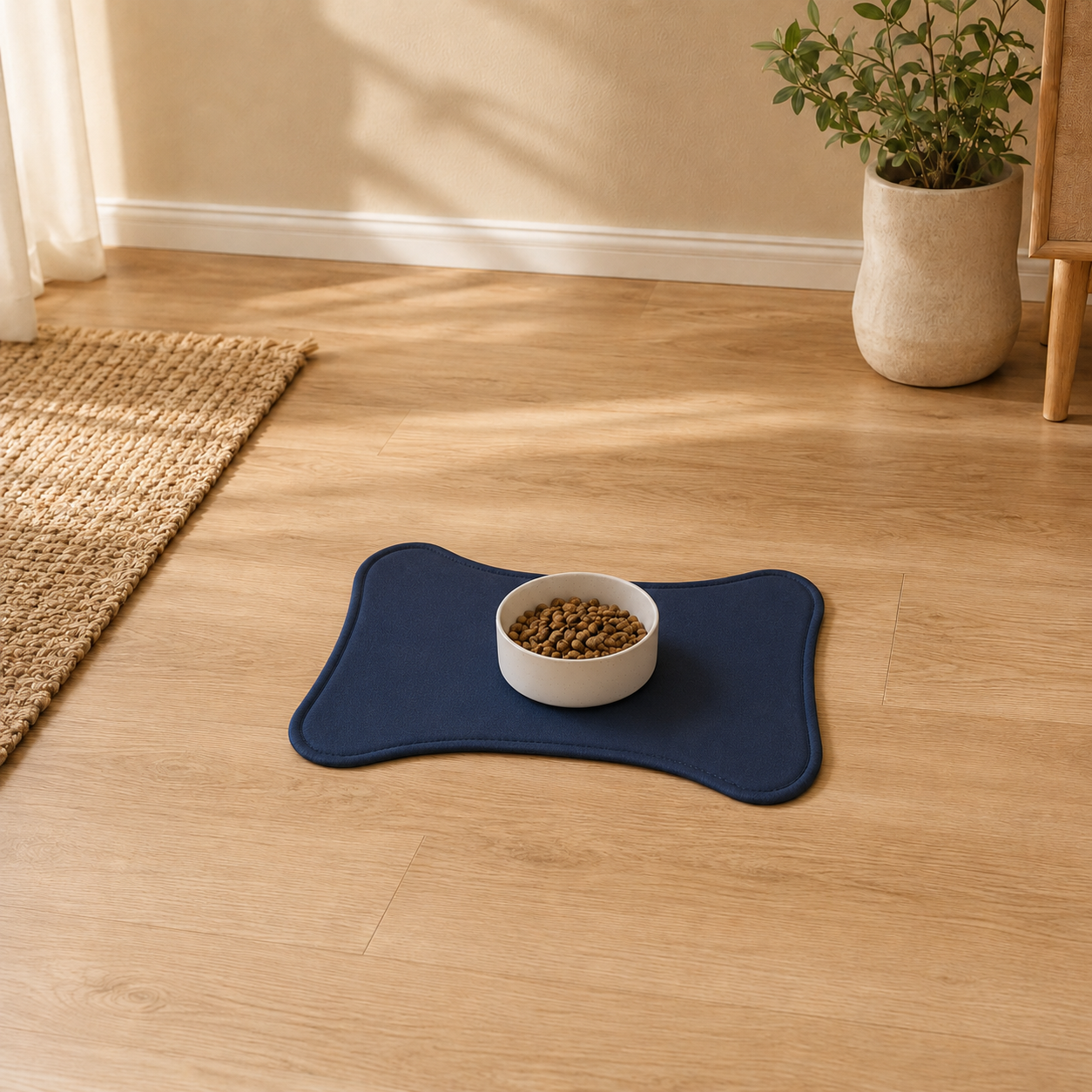 Navy Blue Bone-Shaped Pet Feeding Mat