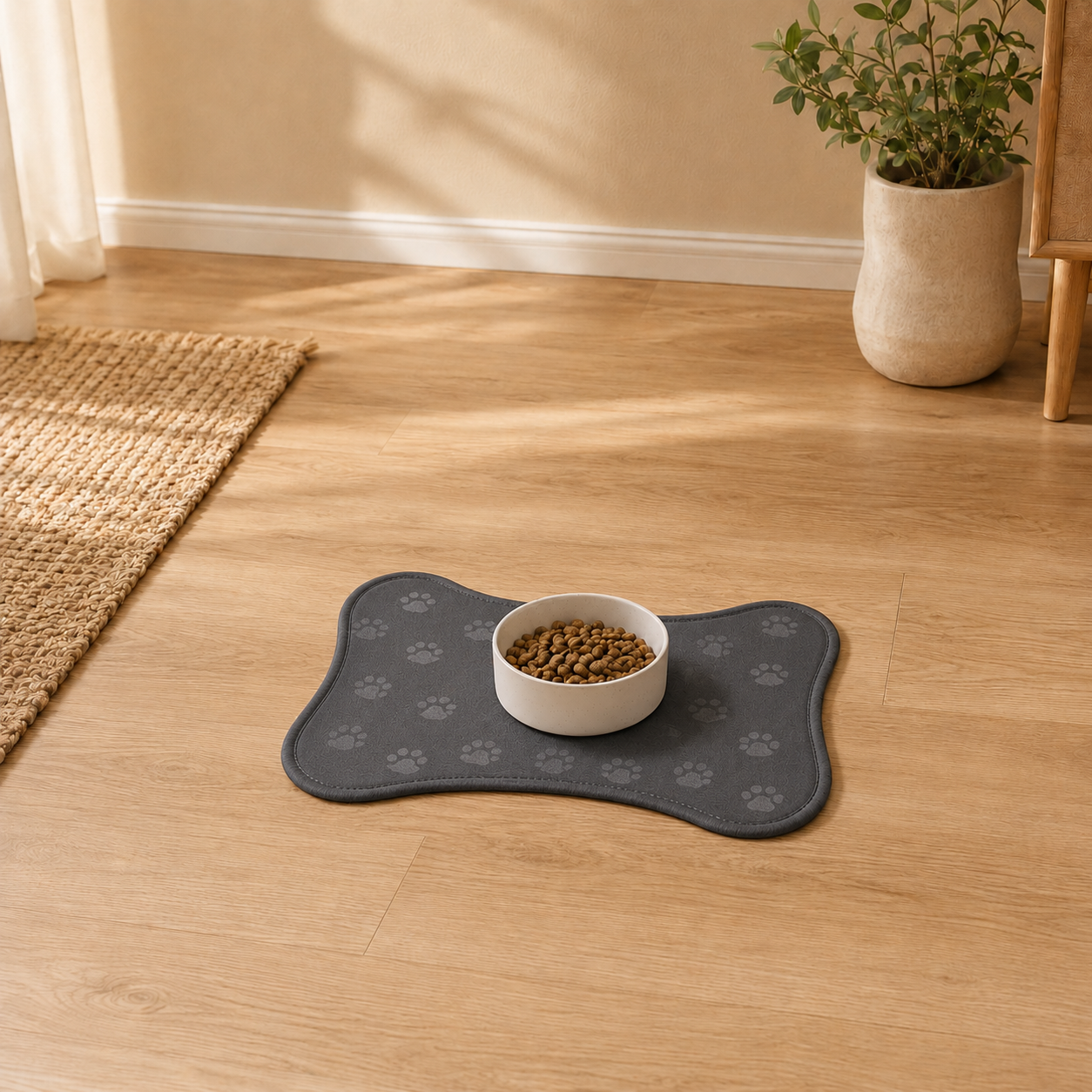Gray Bone-Shaped Paw Print Pet Feeding Mat