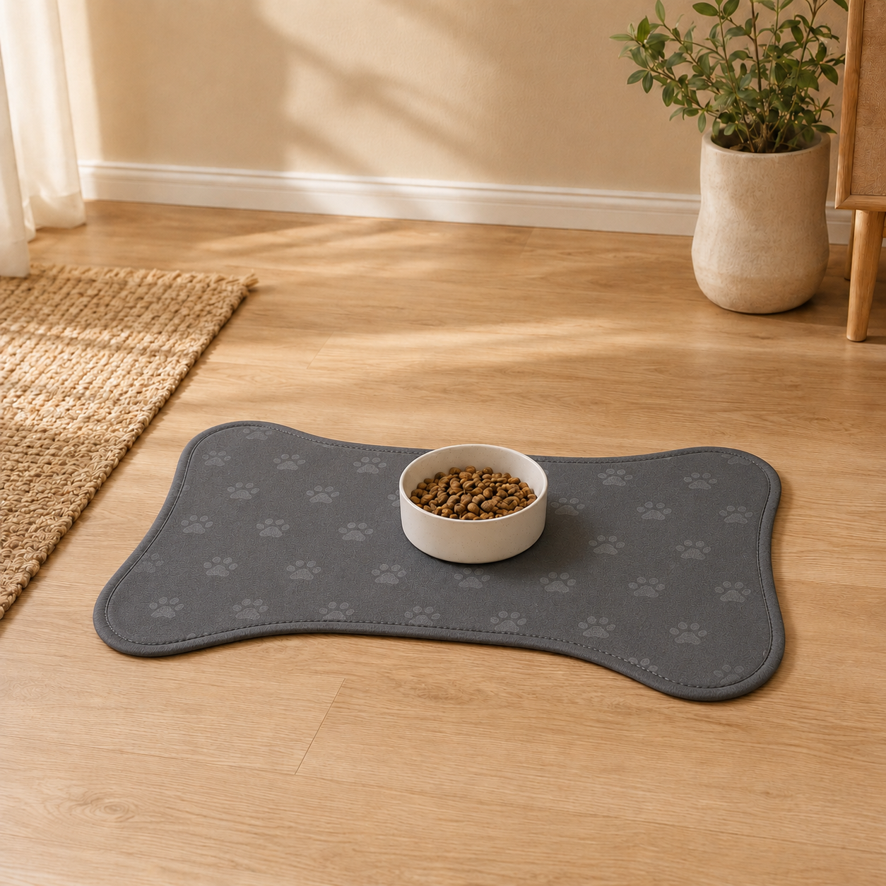 Gray Bone-Shaped Paw Print Pet Feeding Mat