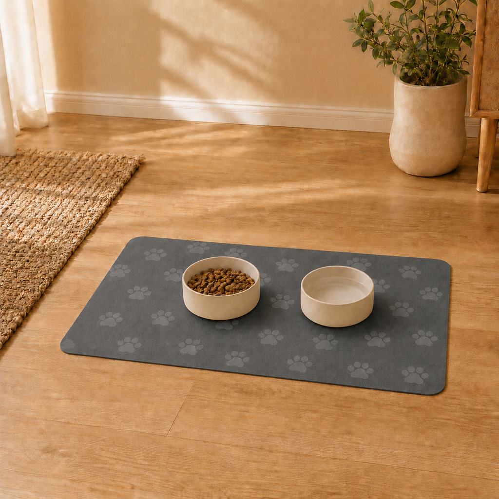 Gray Paw-Print Pet Feeding Mat