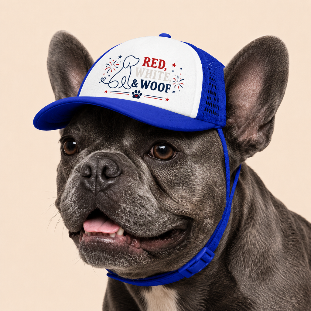 Red, White & Woof Trucker Hat — Patriotic Foam Dog Cap
