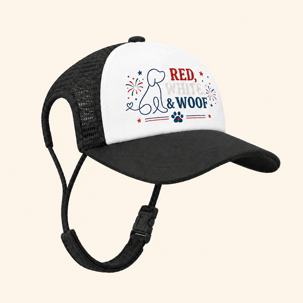 Red, White & Woof Trucker Hat — Patriotic Foam Dog Cap