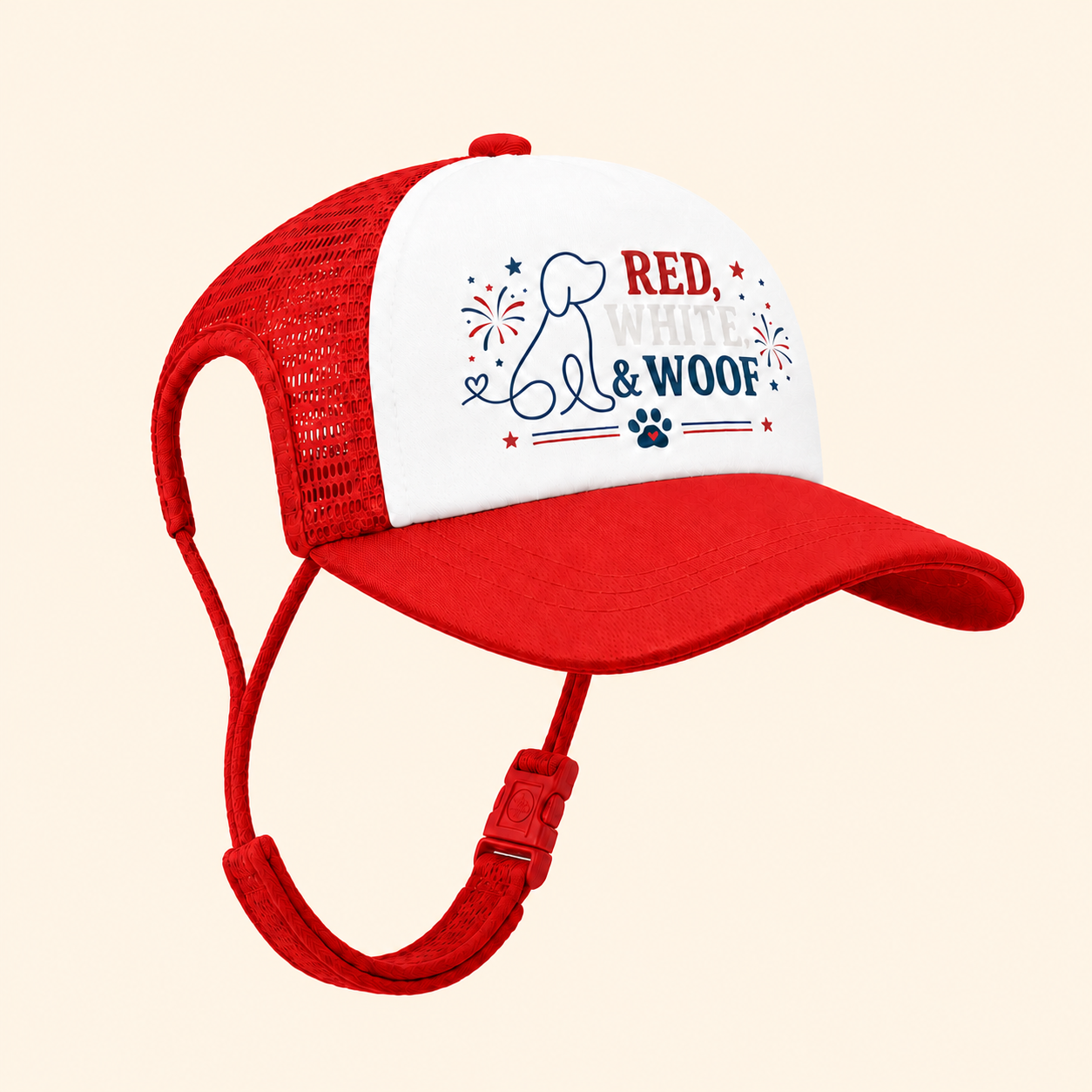 Red, White & Woof Trucker Hat — Patriotic Foam Dog Cap