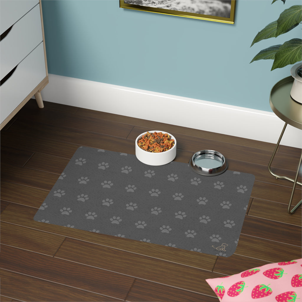 Gray PawPrint Dog Bowl Mat