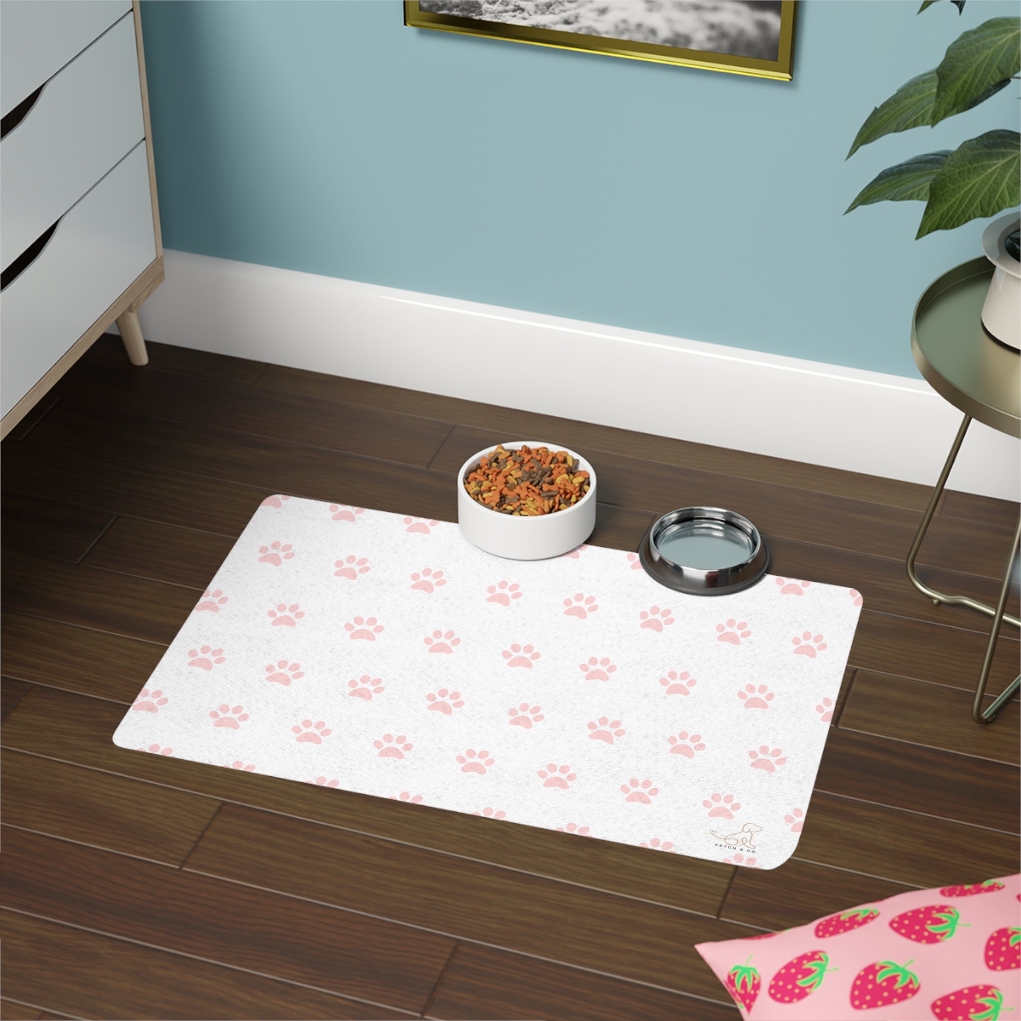 White/Pink PawPrint Dog Bowl Mat
