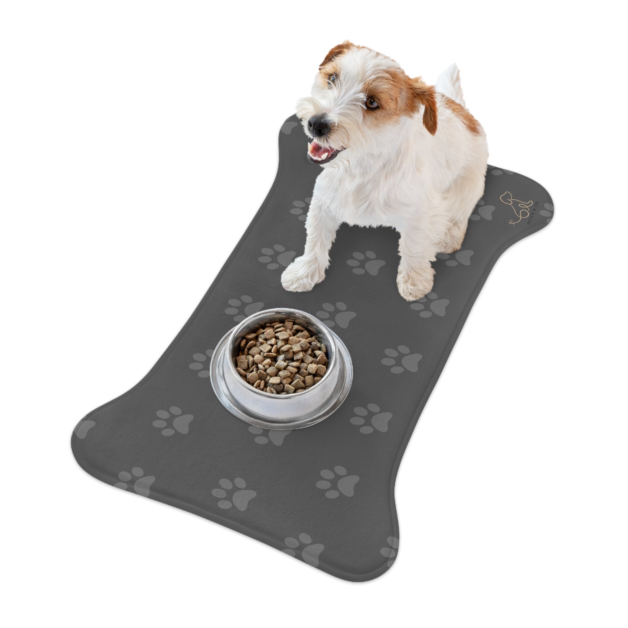 Gray Bone Paw Print Pet Feeding Mat