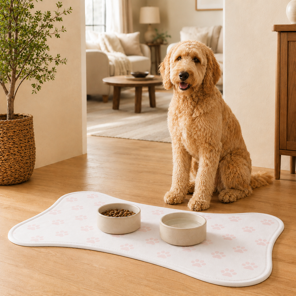 White Bone-Shaped Paw Print Pet Feeding Mat