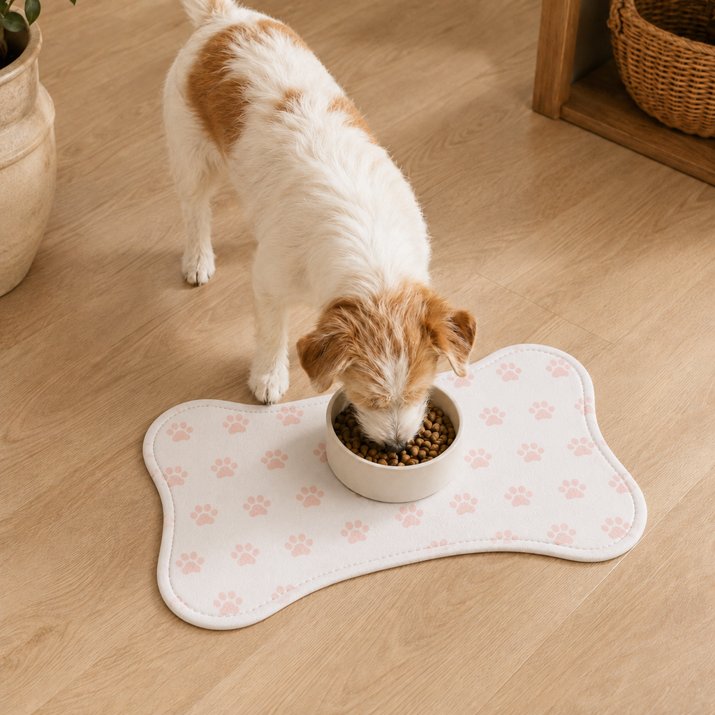 White Bone-Shaped Paw Print Pet Feeding Mat