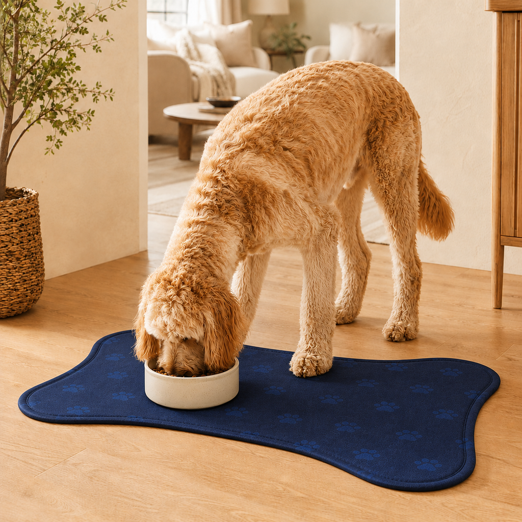 Blue Bone-Shaped Paw Print Pet Feeding Mat