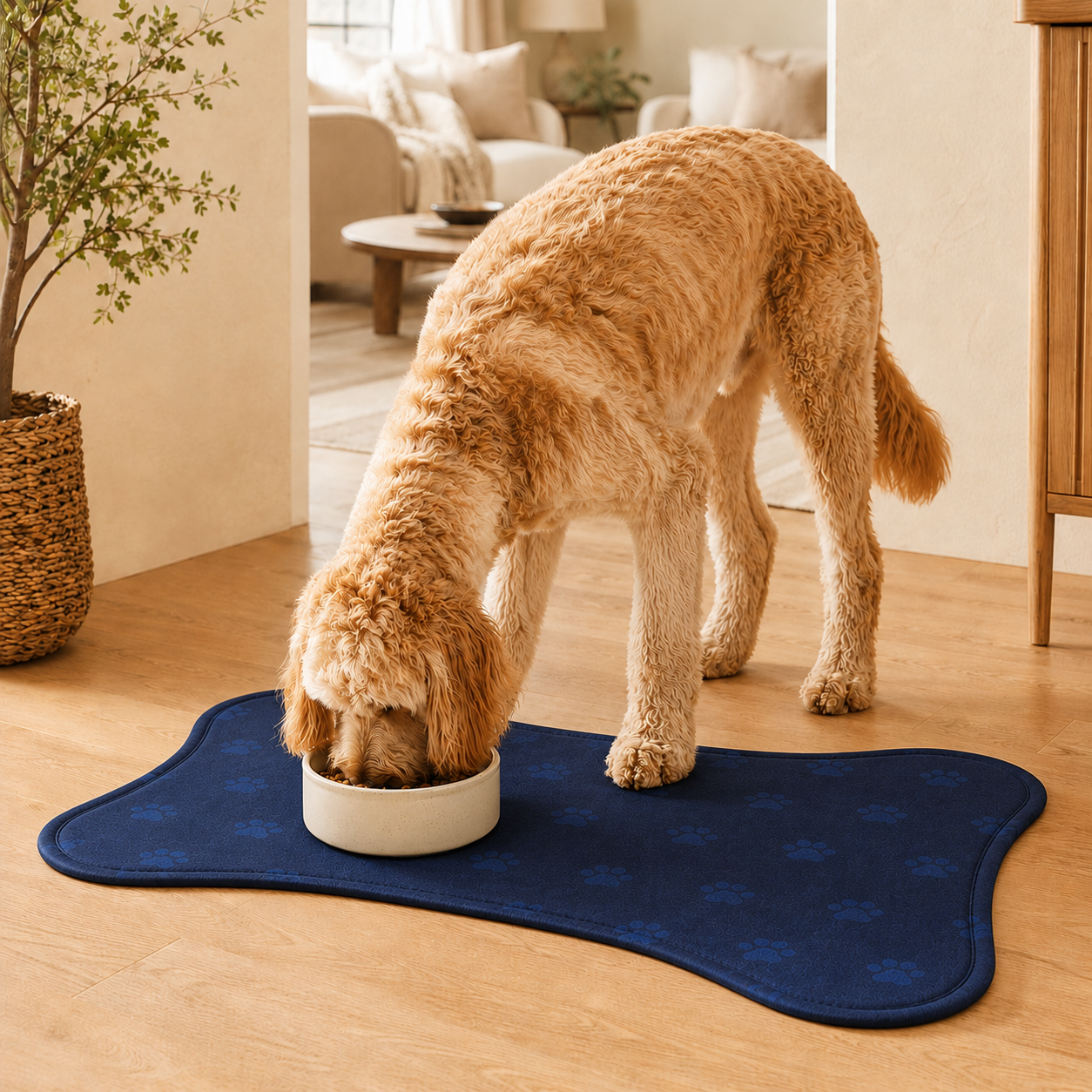 Blue Bone-Shaped Paw Print Pet Feeding Mat
