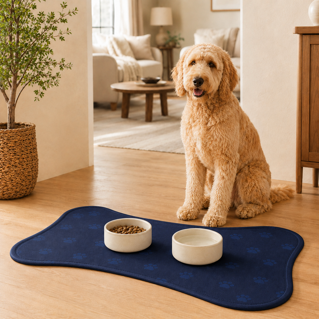 Blue Bone-Shaped Paw Print Pet Feeding Mat