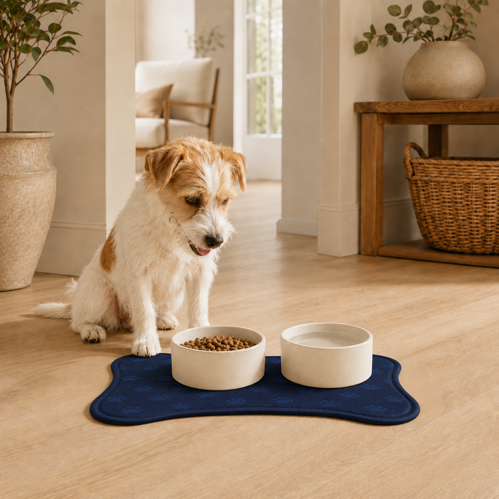 Blue Bone-Shaped Paw Print Pet Feeding Mat