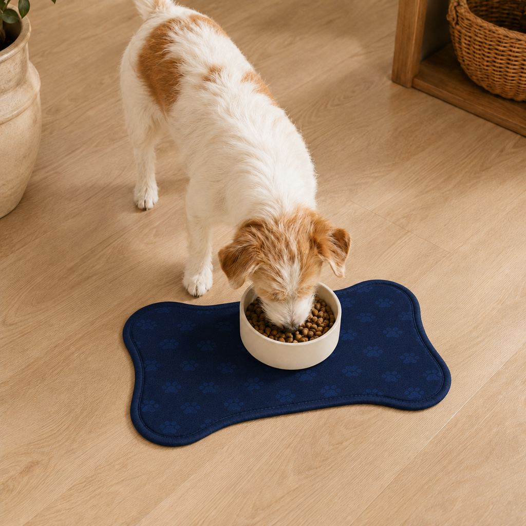 Blue Bone-Shaped Paw Print Pet Feeding Mat