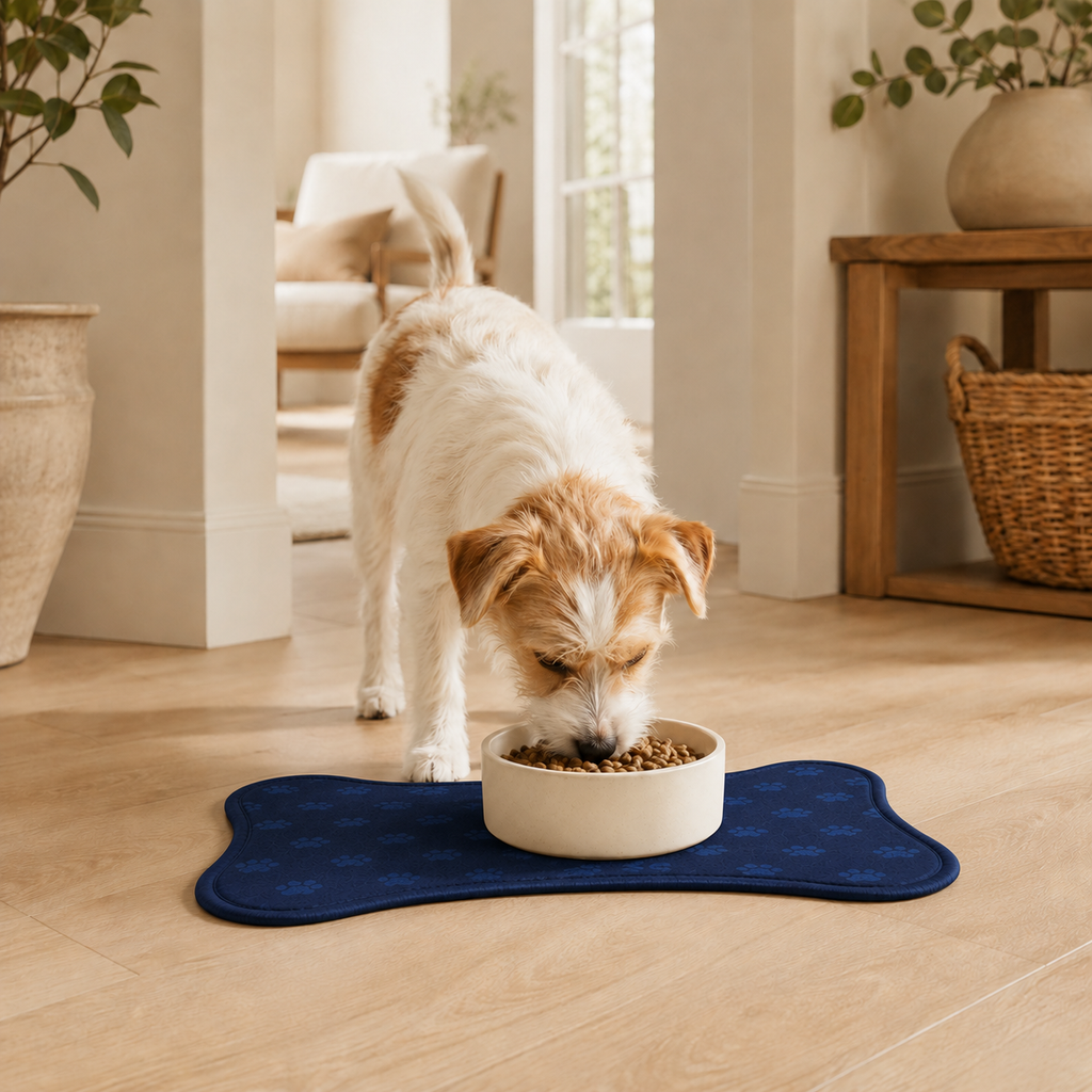 Blue Bone-Shaped Paw Print Pet Feeding Mat