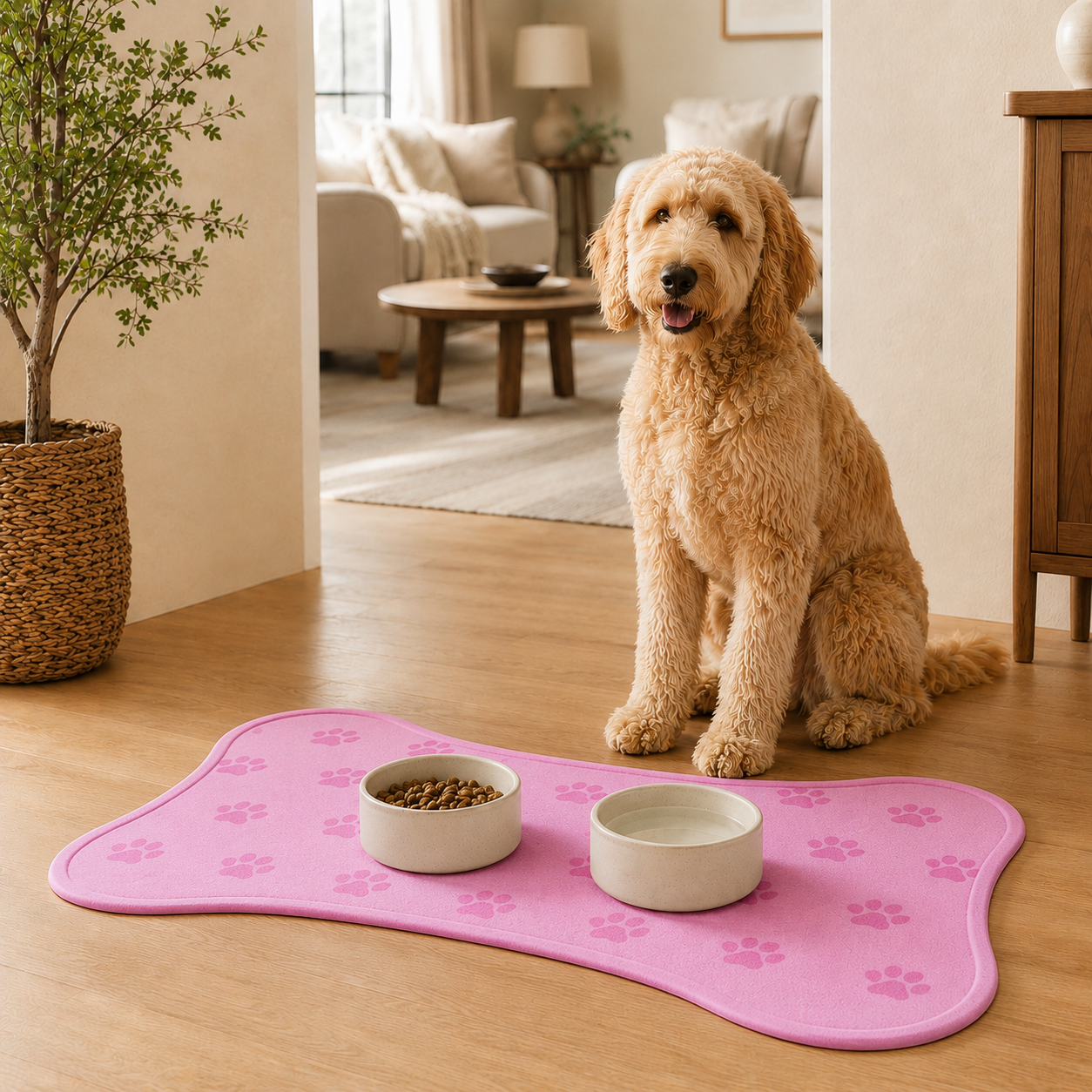 Pink Bone-Shaped Paw Print Pet Feeding Mat