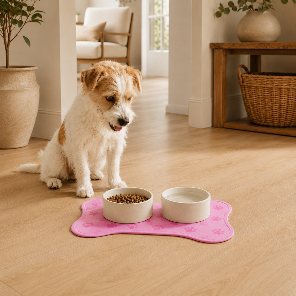 Pink Bone-Shaped Paw Print Pet Feeding Mat