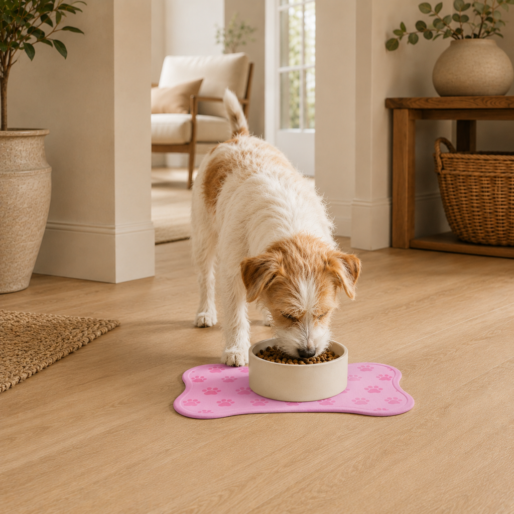 Pink Bone-Shaped Paw Print Pet Feeding Mat