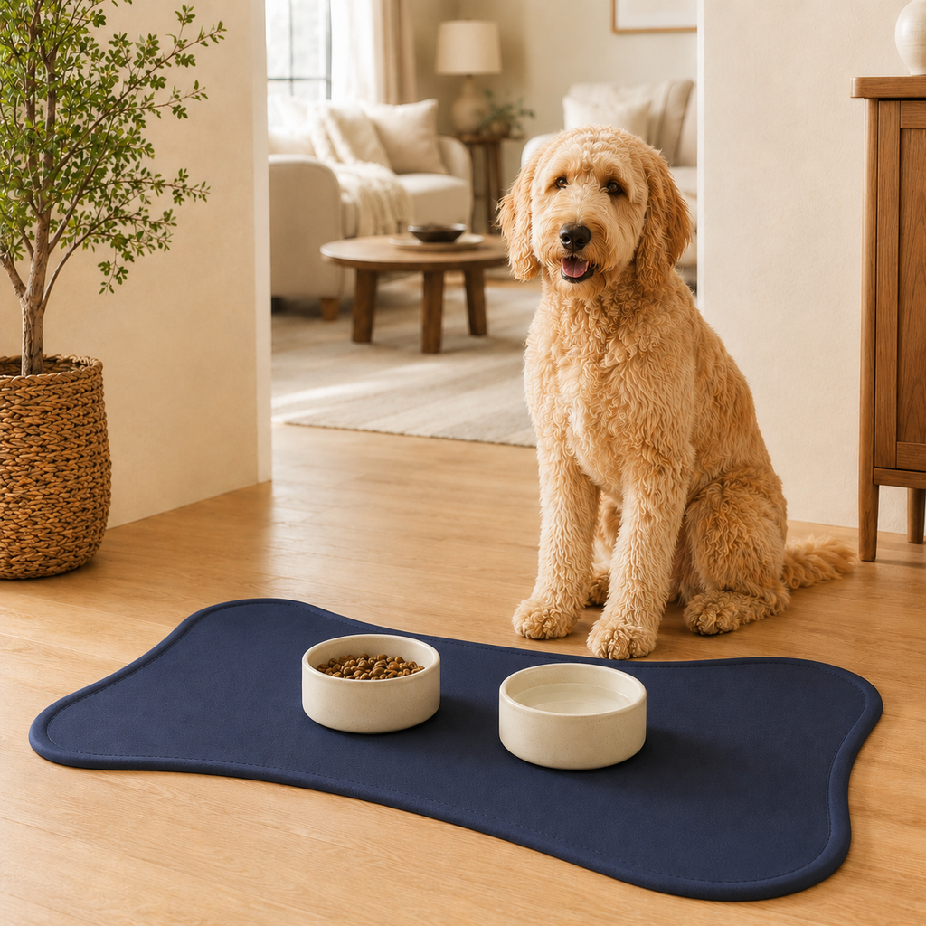 Navy Blue Bone-Shaped Pet Feeding Mat