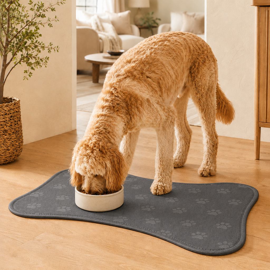 Gray Bone-Shaped Paw Print Pet Feeding Mat