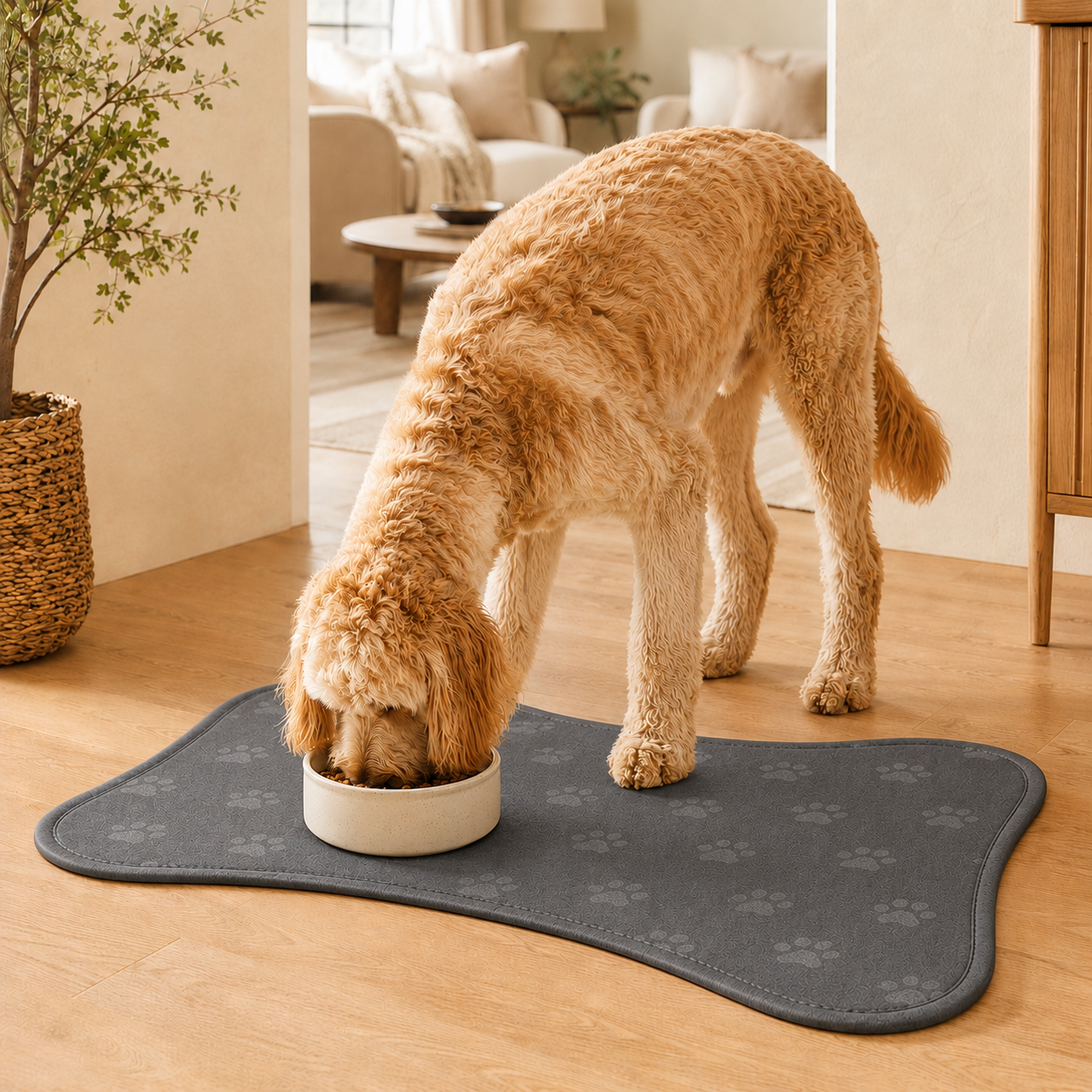 Gray Bone-Shaped Paw Print Pet Feeding Mat