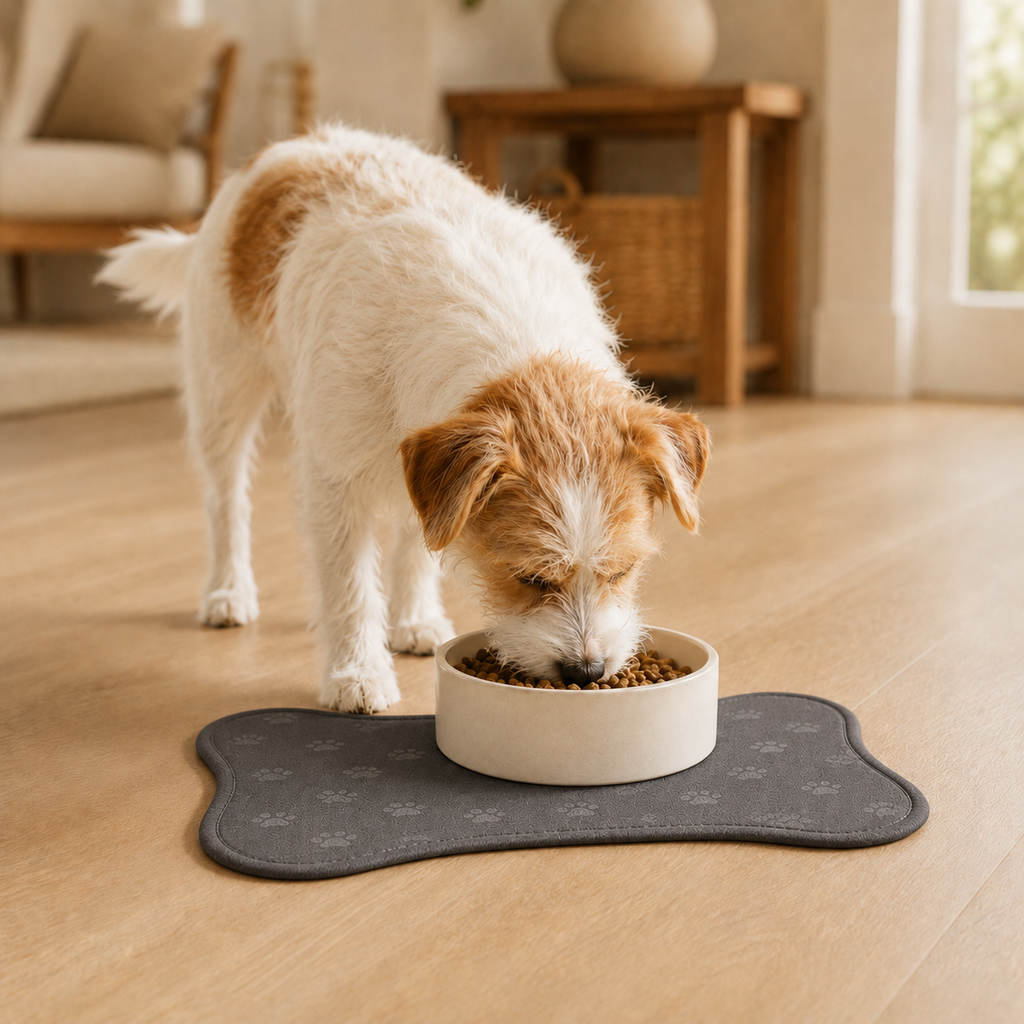 Gray Bone-Shaped Paw Print Pet Feeding Mat