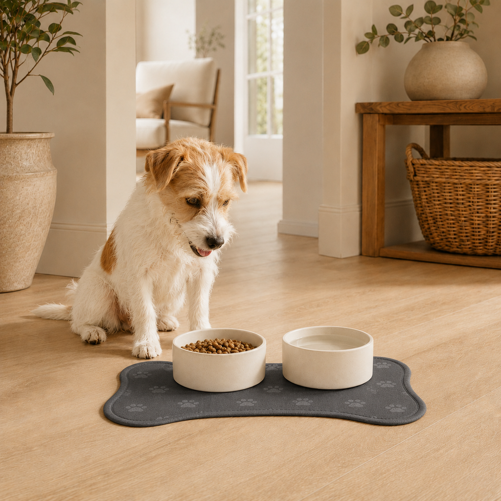Gray Bone-Shaped Paw Print Pet Feeding Mat