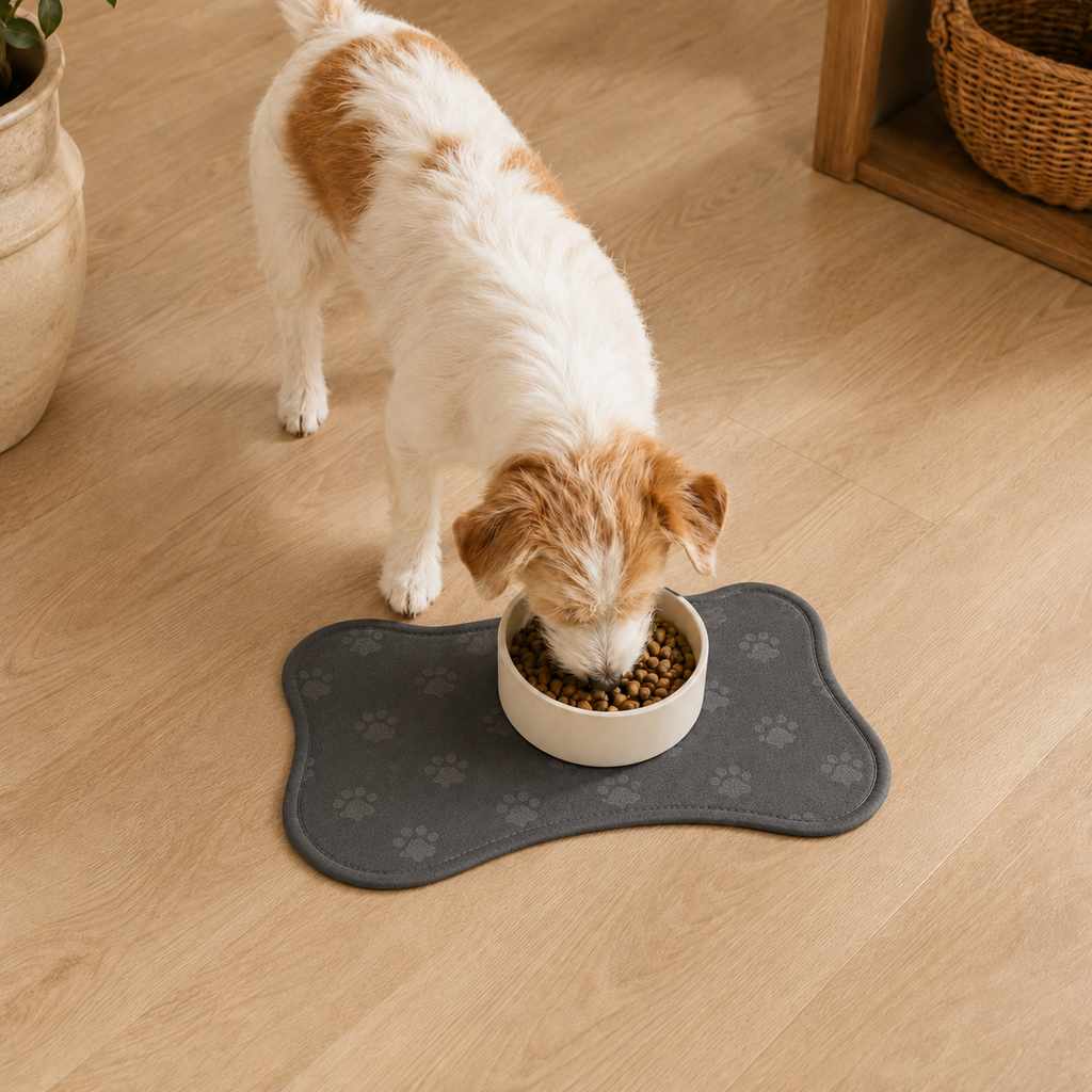 Gray Bone-Shaped Paw Print Pet Feeding Mat