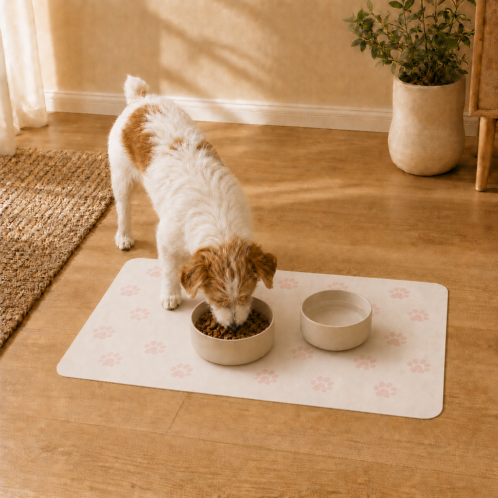 Pink and Cream Paw-Print Pet Feeding Mat