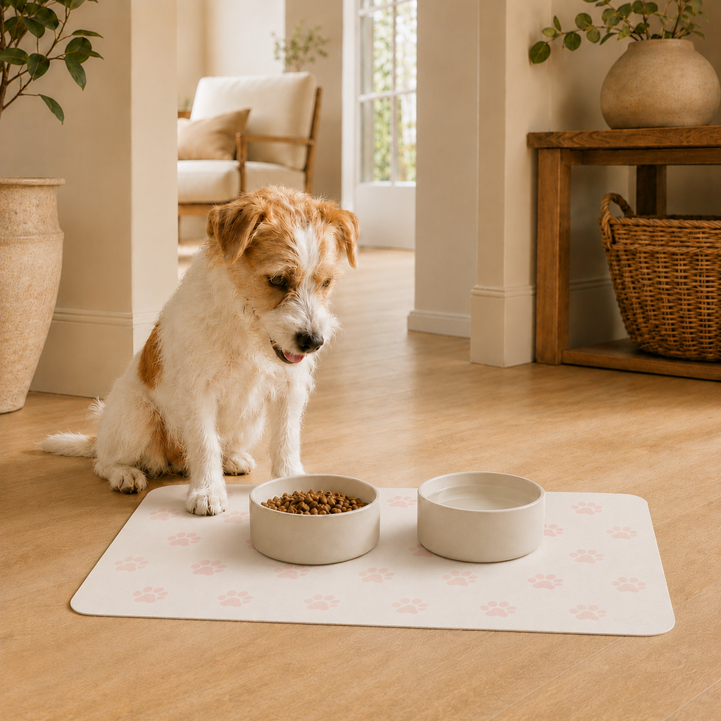 Pink and Cream Paw-Print Pet Feeding Mat