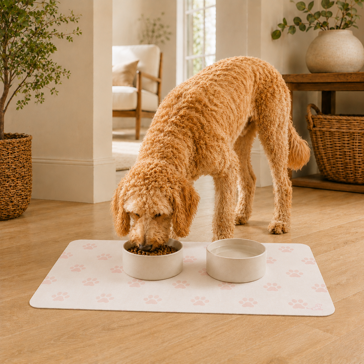Pink and Cream Paw-Print Pet Feeding Mat