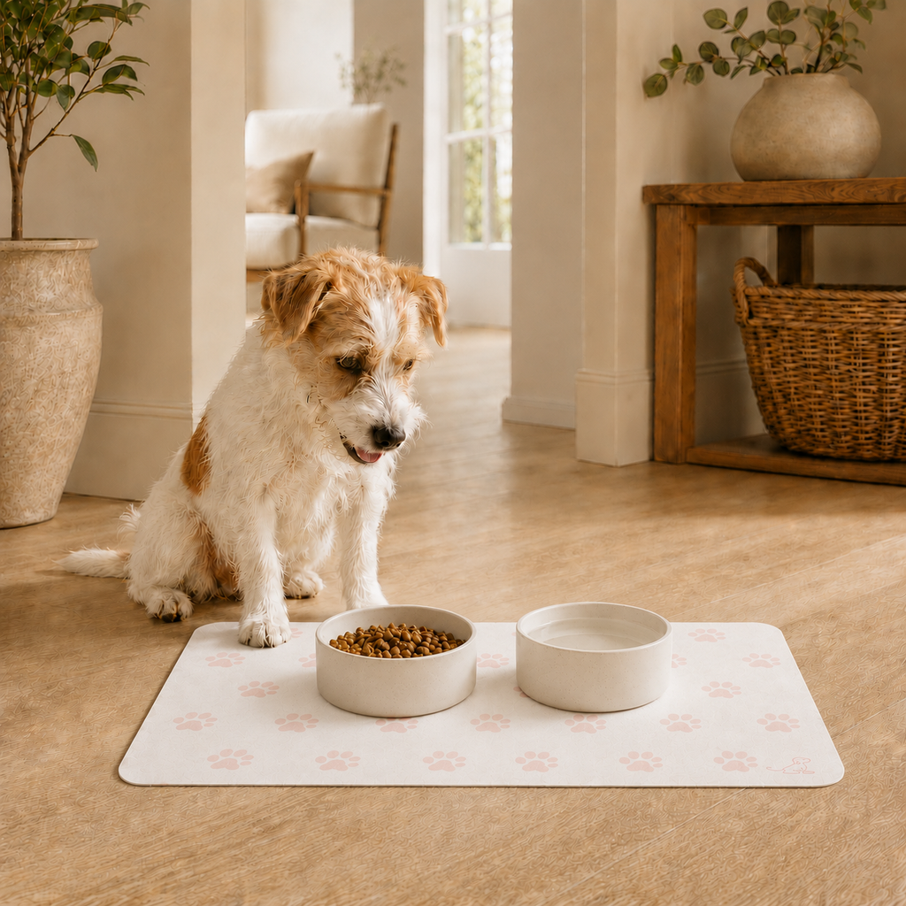 Pink and Cream Paw-Print Pet Feeding Mat