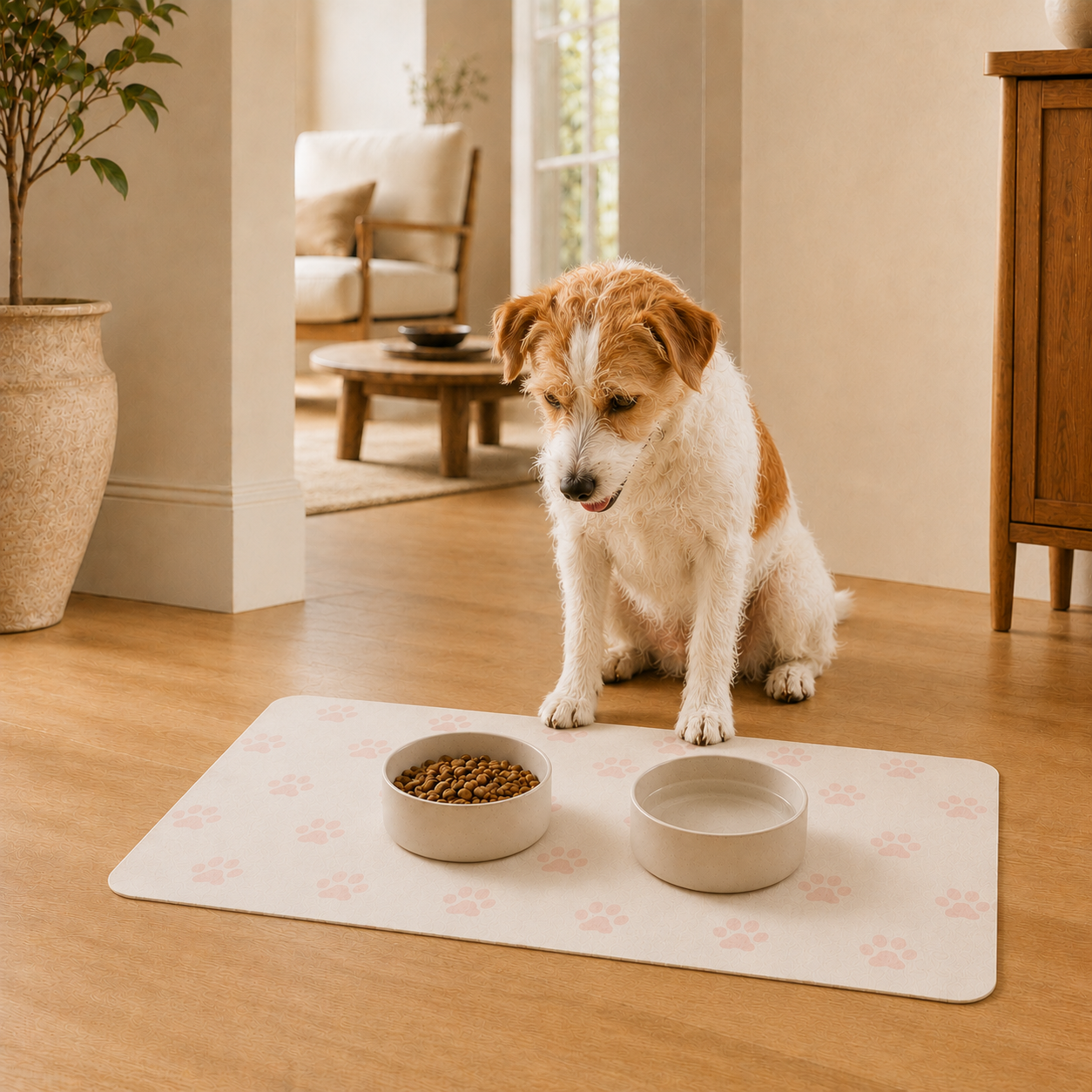 Pink and Cream Paw-Print Pet Feeding Mat