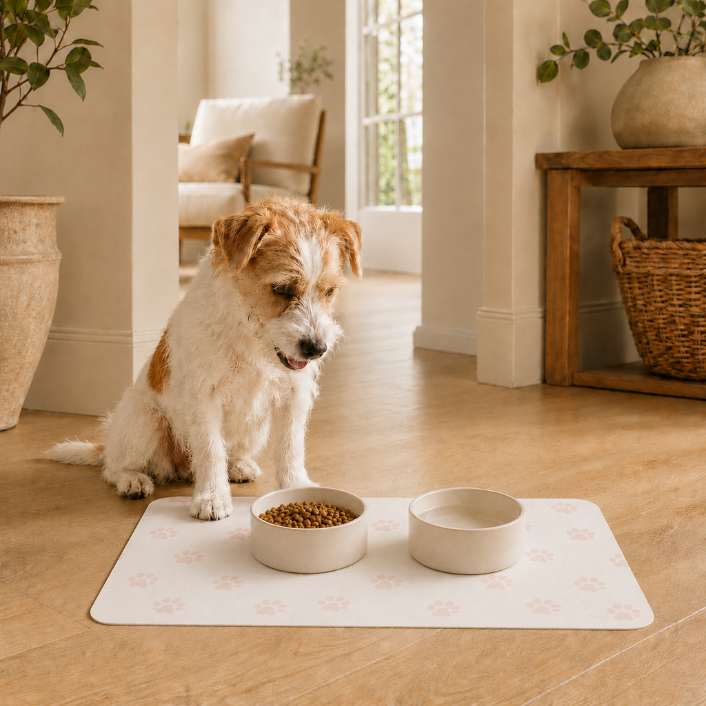 Pink and Cream Paw-Print Pet Feeding Mat