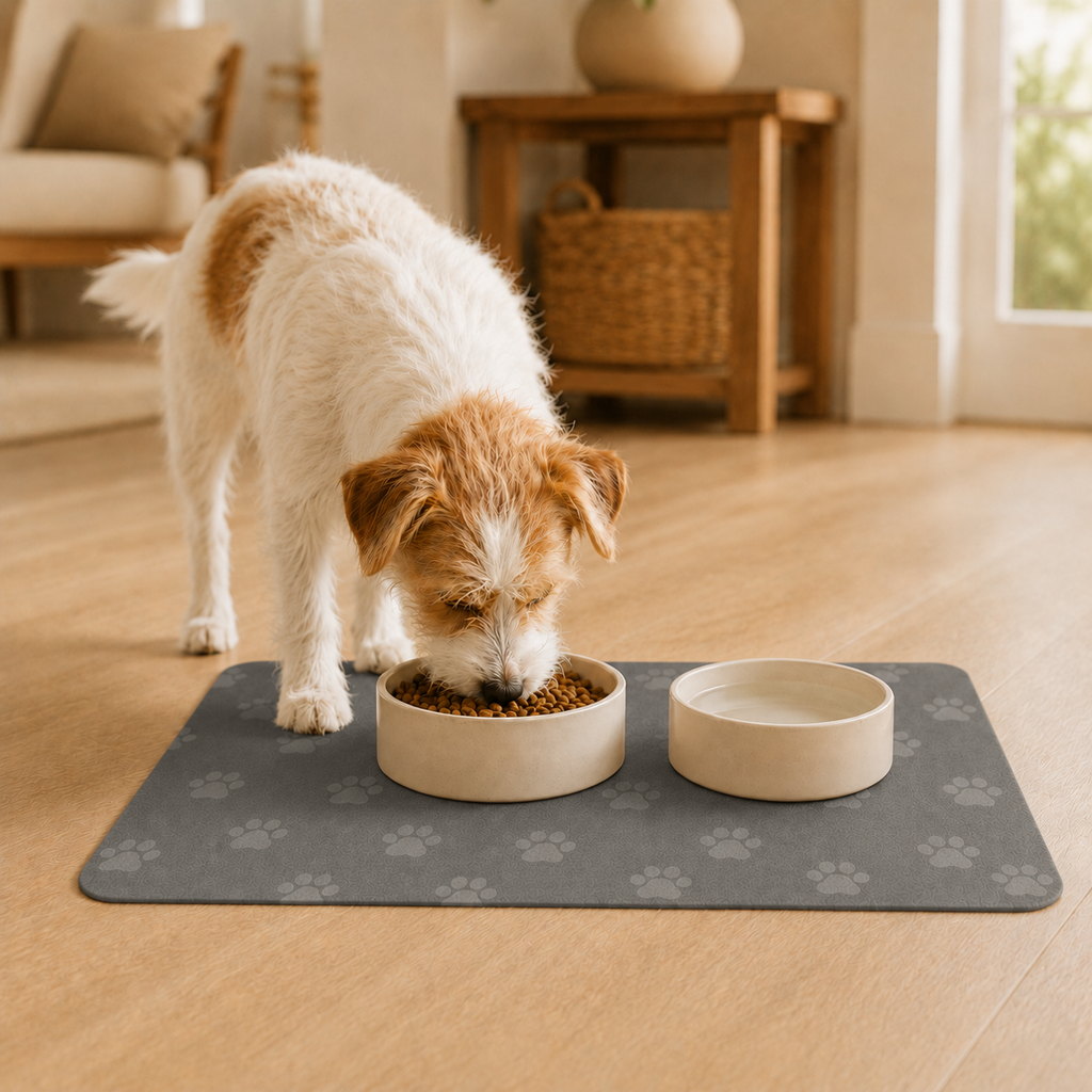 Gray Paw-Print Pet Feeding Mat