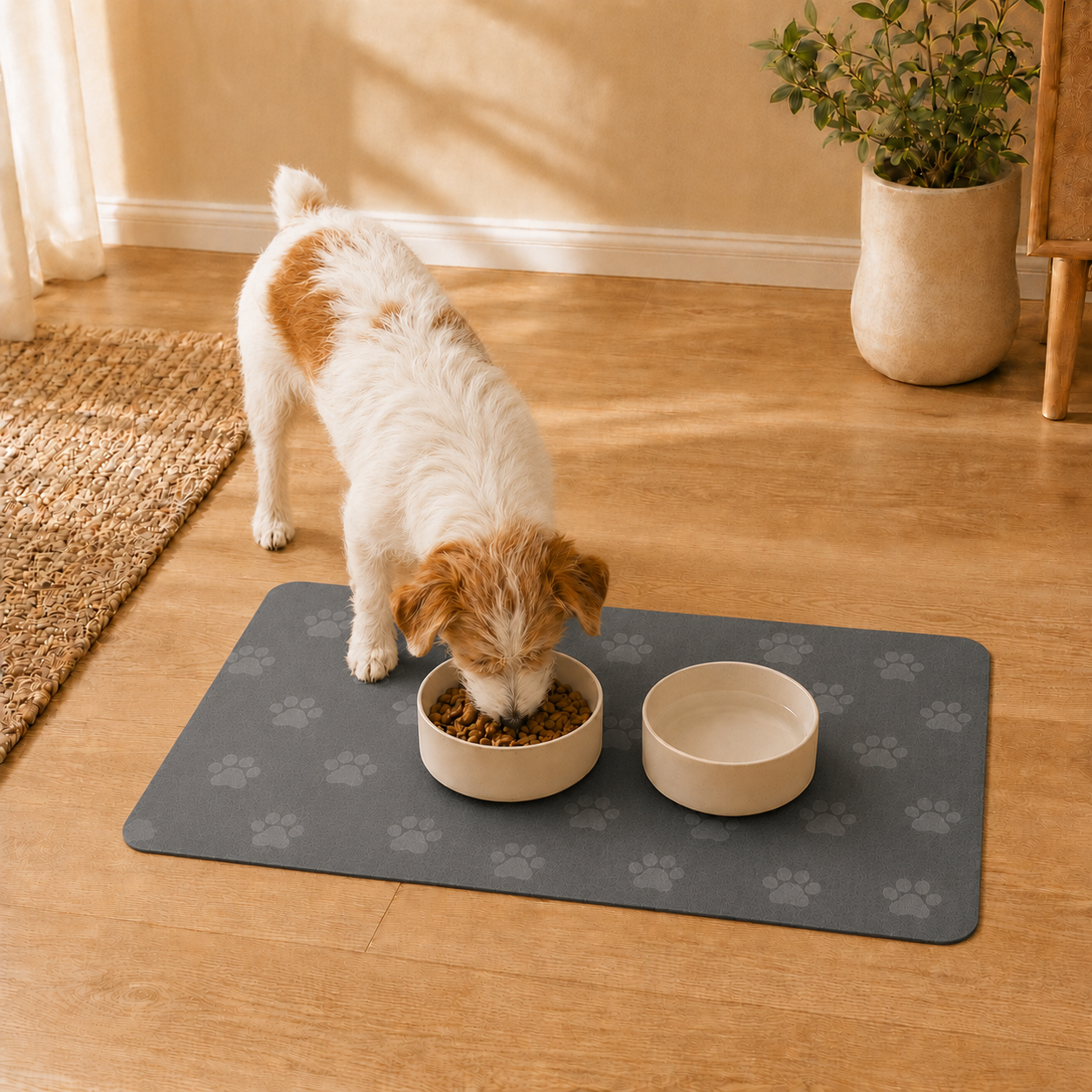 Gray Paw-Print Pet Feeding Mat