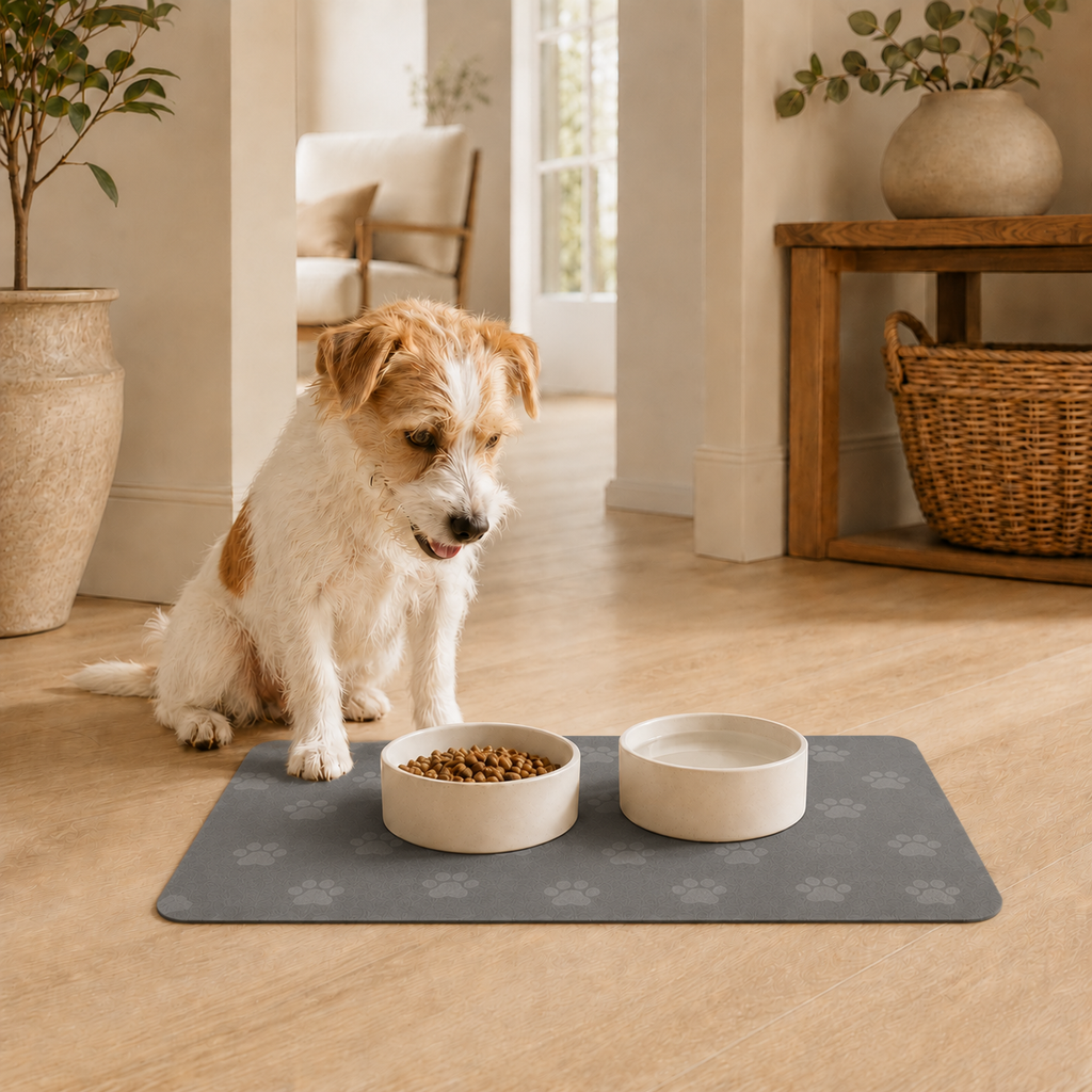 Gray Paw-Print Pet Feeding Mat