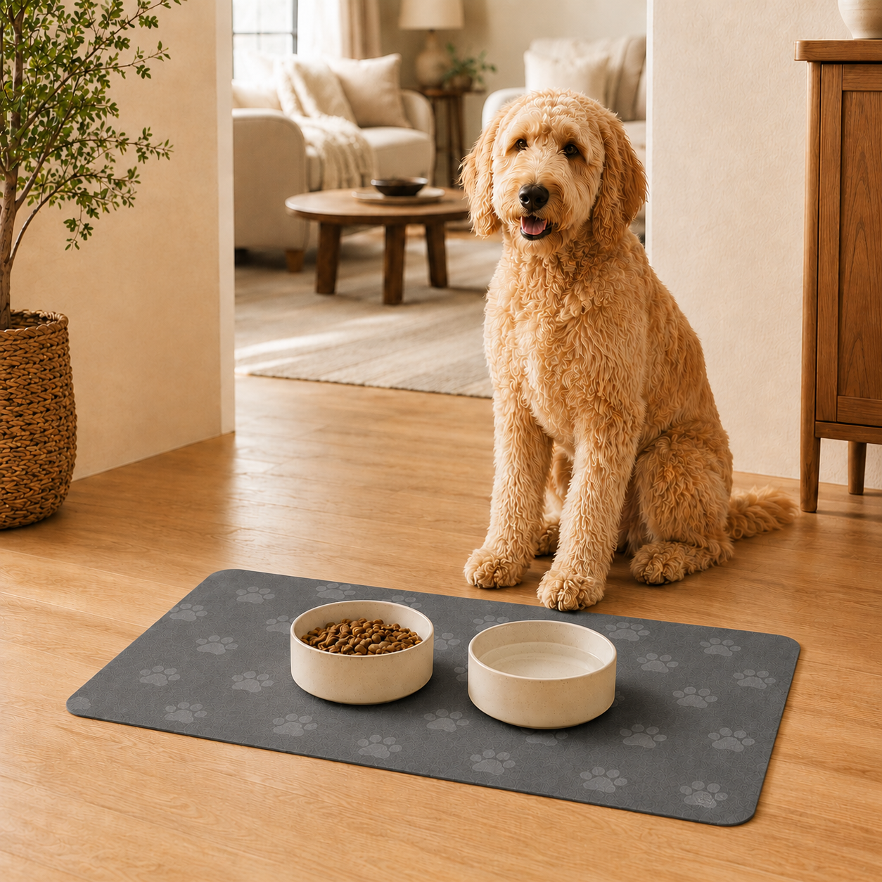 Gray Paw-Print Pet Feeding Mat