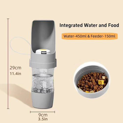 $14.99 -Portable Pet Water Bottle with Integrated Food Storage – Dual-Function Travel Feeder for Dogs and Cats