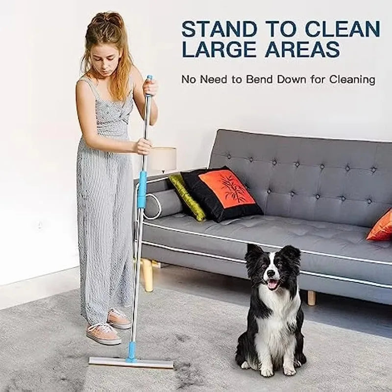 Pet Hair Remover Set with Telescopic Handle – 180° Rotating Metal Carpet & Rug Rake for Dog & Cat Fur