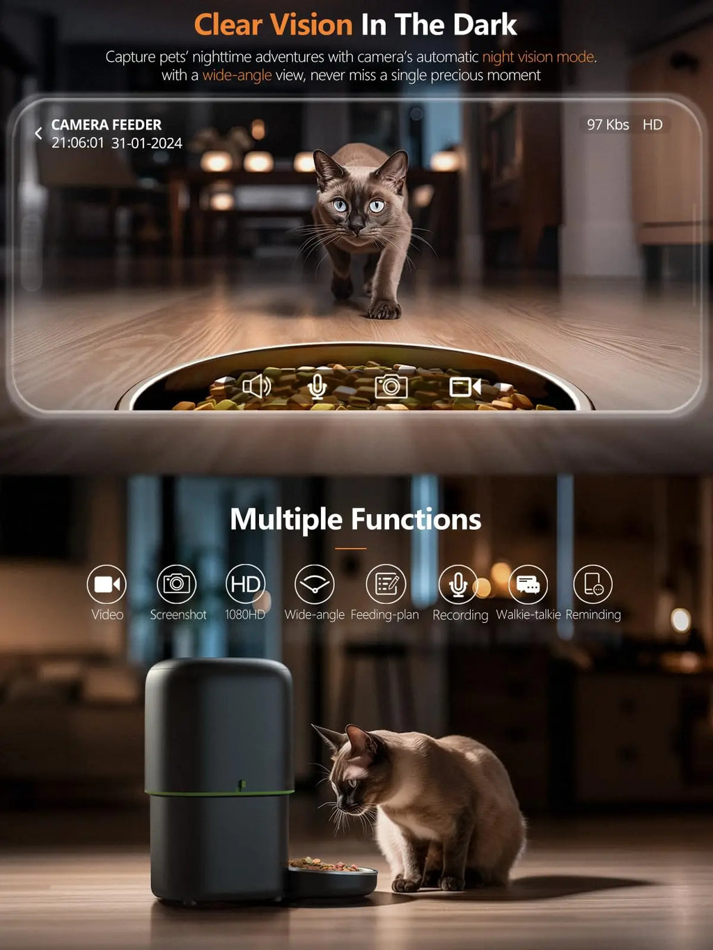 Smart Automatic Pet Feeder with Camera – WiFi App-Controlled Food Dispenser for Cats & Dogs